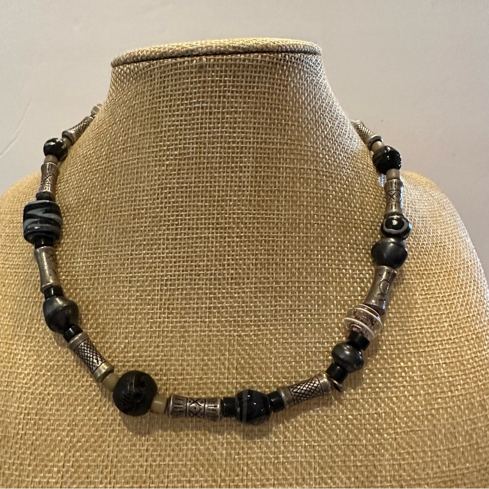 Chico’s Necklace “Bali” style w/ silver, black, tan stone & glass bead chain